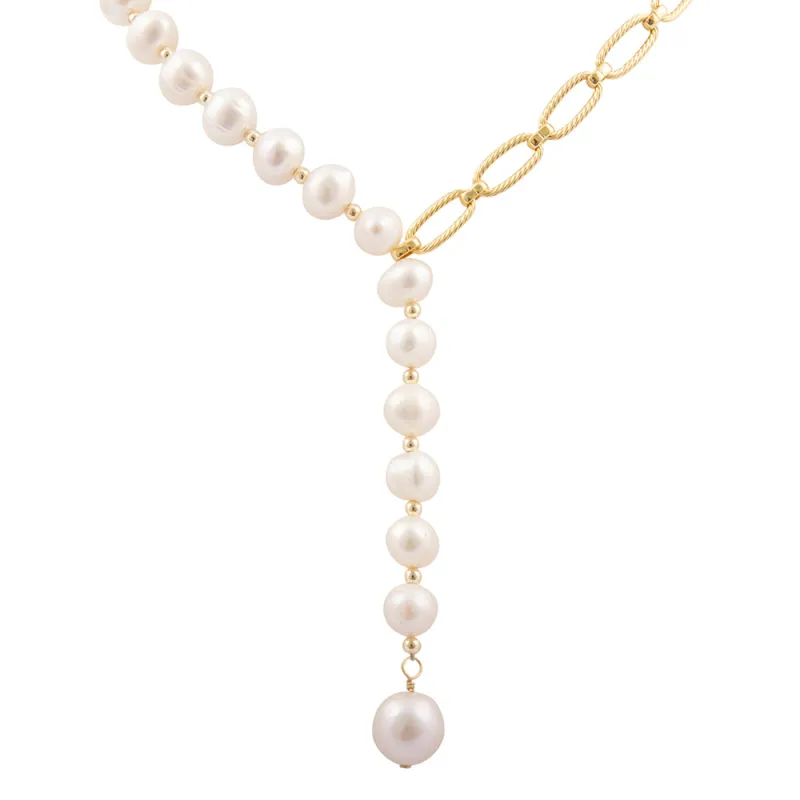 Hepburn White Pearl Golden Y Necklace made by Barse