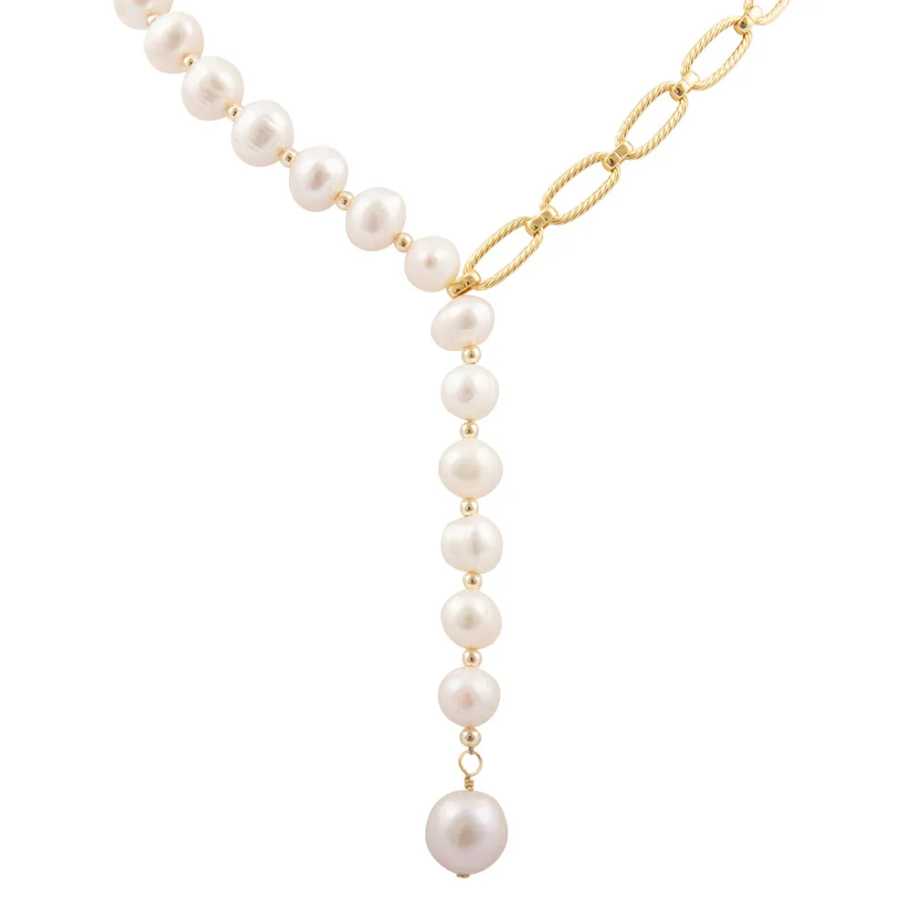 Hepburn White Pearl Golden Y Necklace sold by Barse