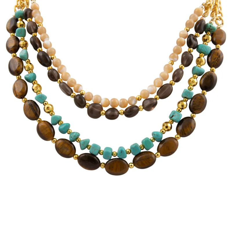 Brown Tiger's Eye and Turquoise Golden Statement Necklace sold by Barse