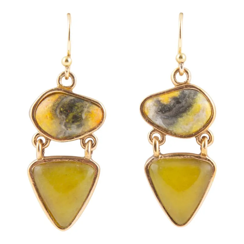 Hinged Yellow Bumblebee Jasper Golden Drop Earrings sold by Barse