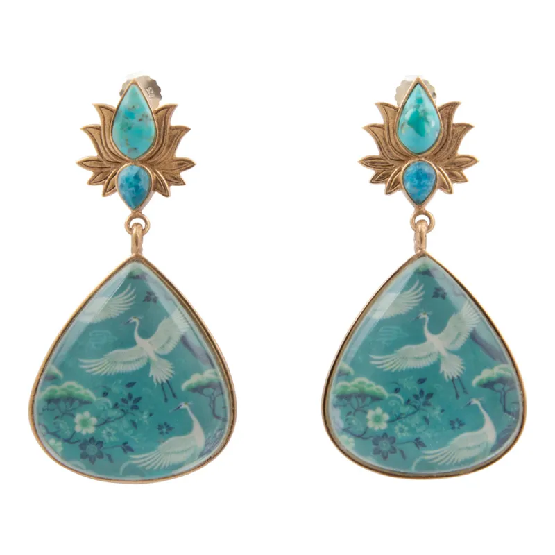 Heron Flight Teal Apatite and Turquoise Golden Drop Earrings sold by Barse