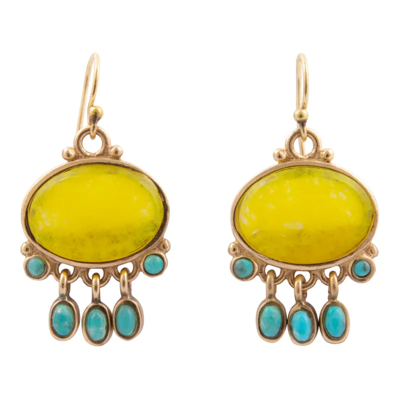 Sunny Yellow Quartz and Turquoise Golden Drop Earrings sold by Barse