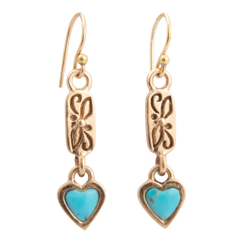 Dainty Hearts Turquoise Golden Drop Earrings sold by Barse