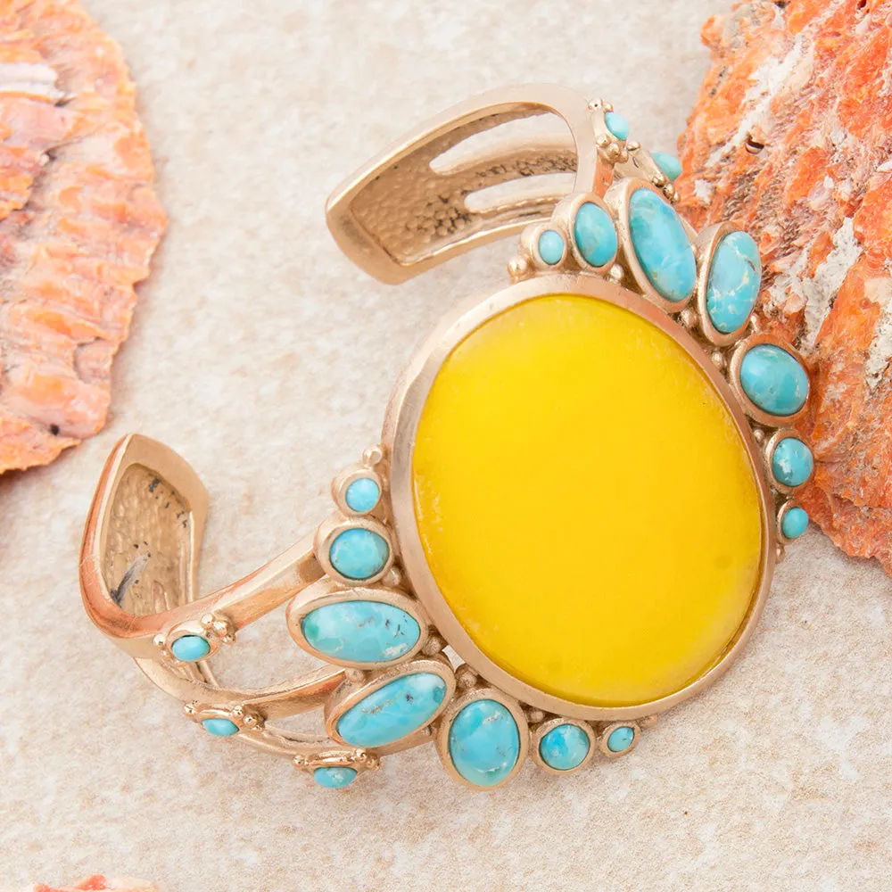 Sunny Yellow Quartz and Blue Turquoise Golden Cuff Bracelet sold by Barse product image thumbnail 3