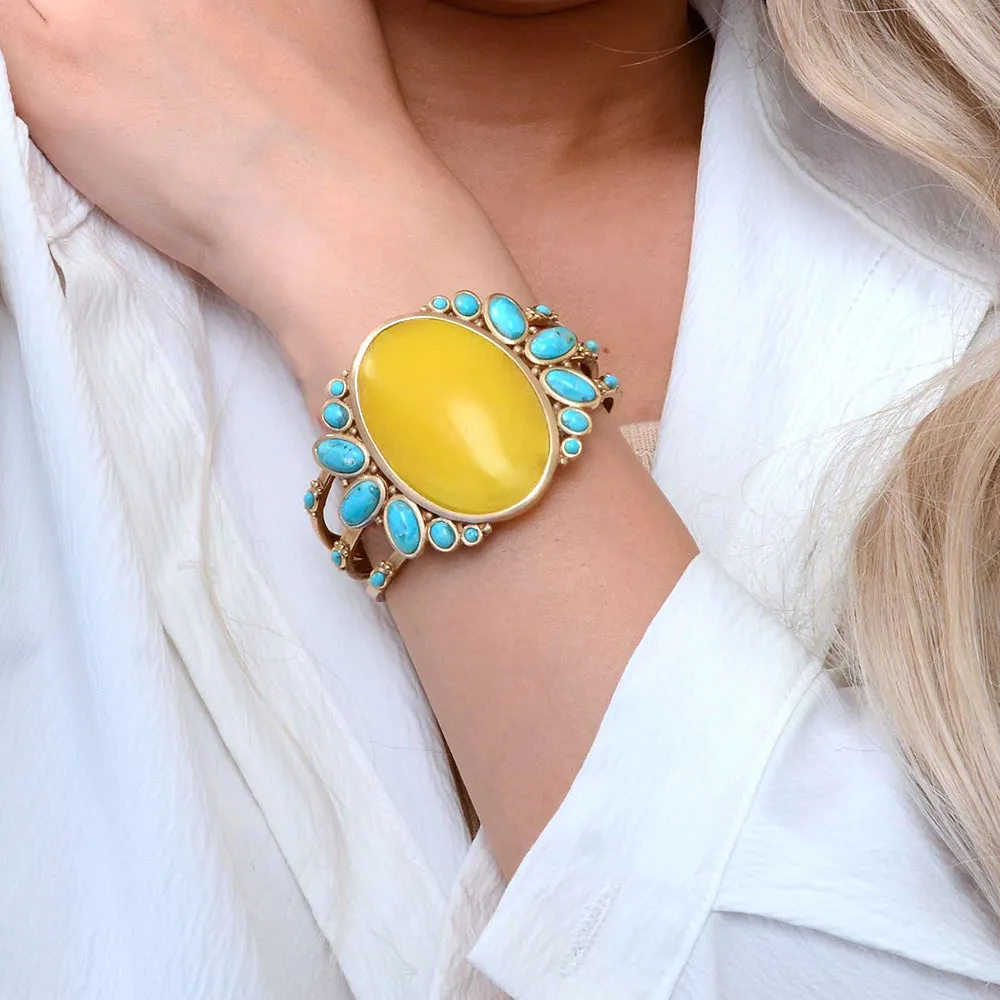 Sunny Yellow Quartz and Blue Turquoise Golden Cuff Bracelet sold by Barse product image thumbnail 2