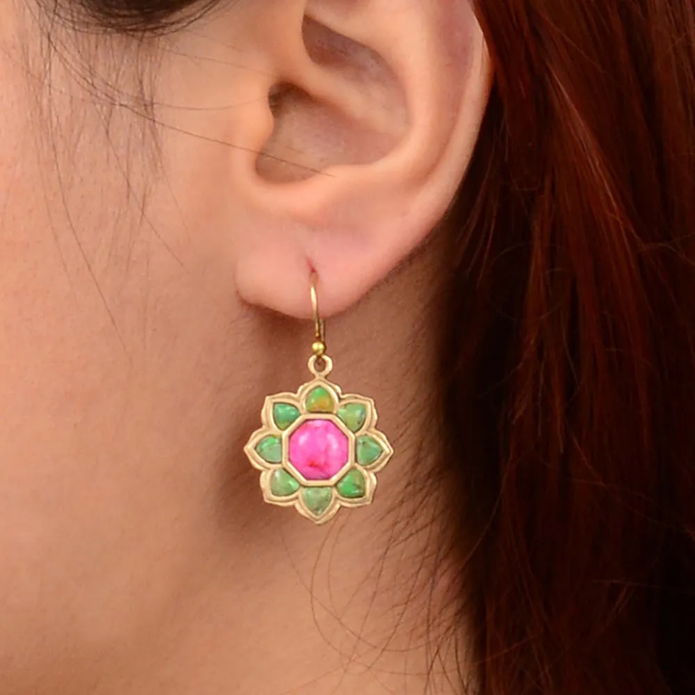 Fresh Fuchsia Pink and Lime Green Turquoise Golden Drop Earrings sold by Barse product image thumbnail 2
