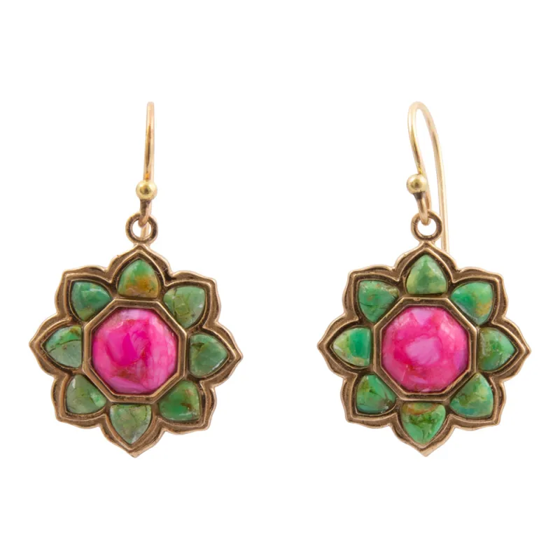 Fresh Fuchsia Pink and Lime Green Turquoise Golden Drop Earrings sold by Barse