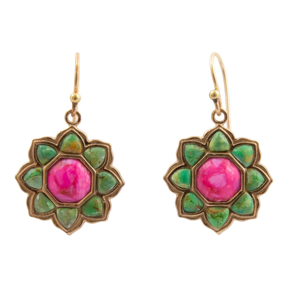 Fresh Fuchsia Pink and Lime Green Turquoise Golden Drop Earrings sold by Barse