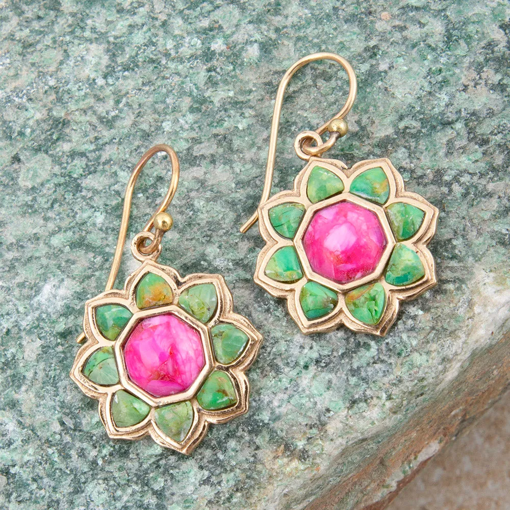Fresh Fuchsia Pink and Lime Green Turquoise Golden Drop Earrings sold by Barse product image thumbnail 3