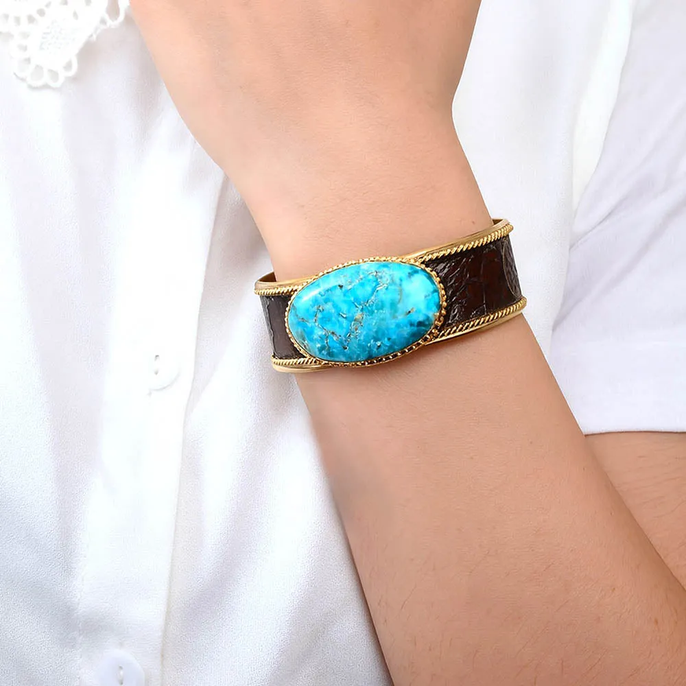 Rosette Brown Leather and Blue Turquoise Golden Cuff Bracelet sold by Barse product image thumbnail 2