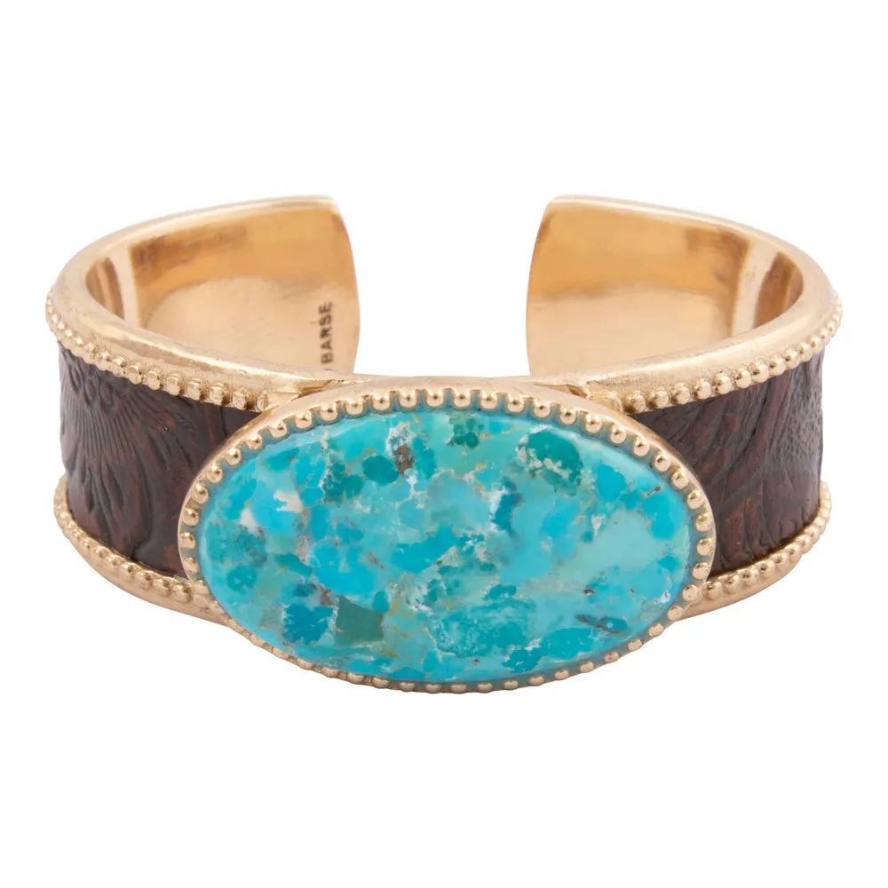 Rosette Brown Leather and Blue Turquoise Golden Cuff Bracelet sold by Barse