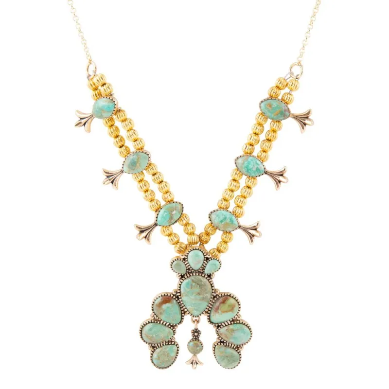 Squash Blossom Statement Blue Turquoise Golden Necklace sold by Barse