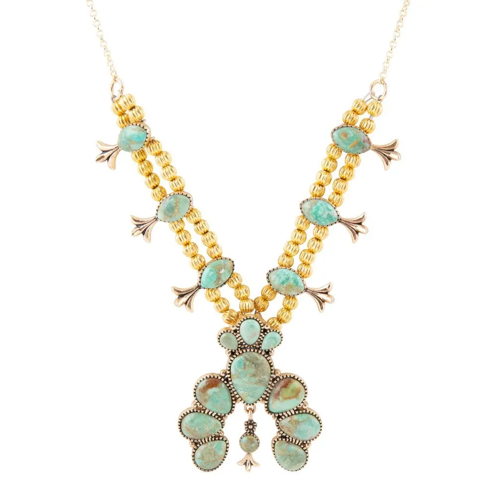 Squash Blossom Statement Blue Turquoise Golden Necklace sold by Barse