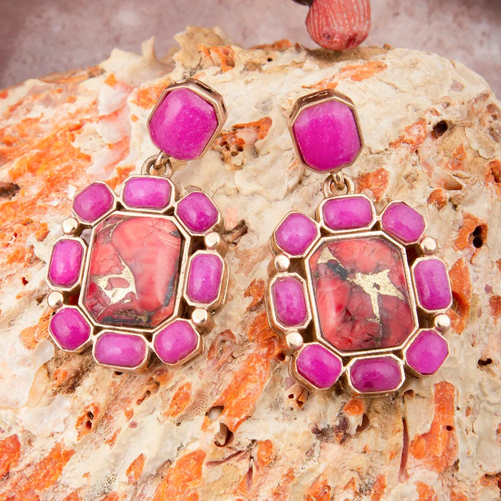 Dual Red Magnesite and Pink Quartz Golden Post Drop Earrings sold by Barse product image thumbnail 3