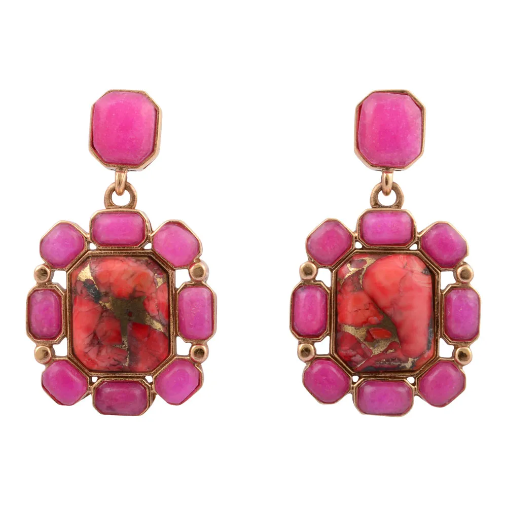 Dual Red Magnesite and Pink Quartz Golden Post Drop Earrings sold by Barse