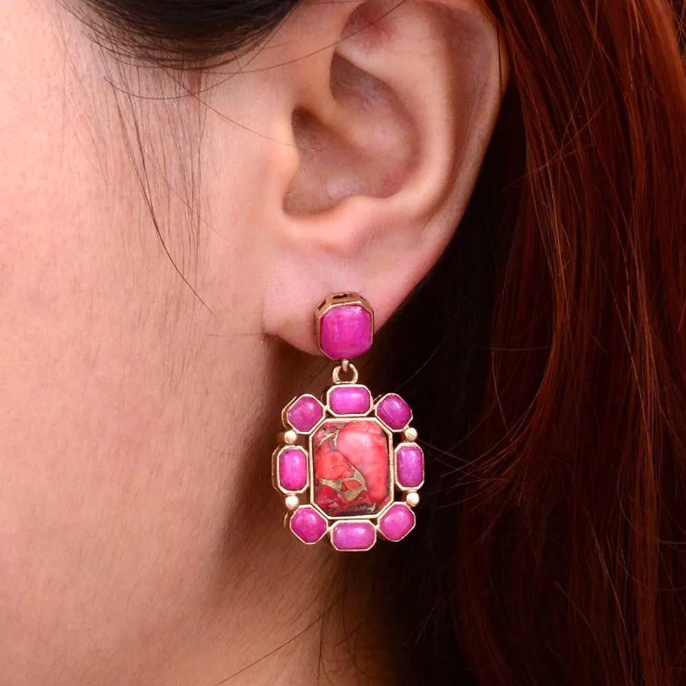 Dual Red Magnesite and Pink Quartz Golden Post Drop Earrings sold by Barse product image thumbnail 2