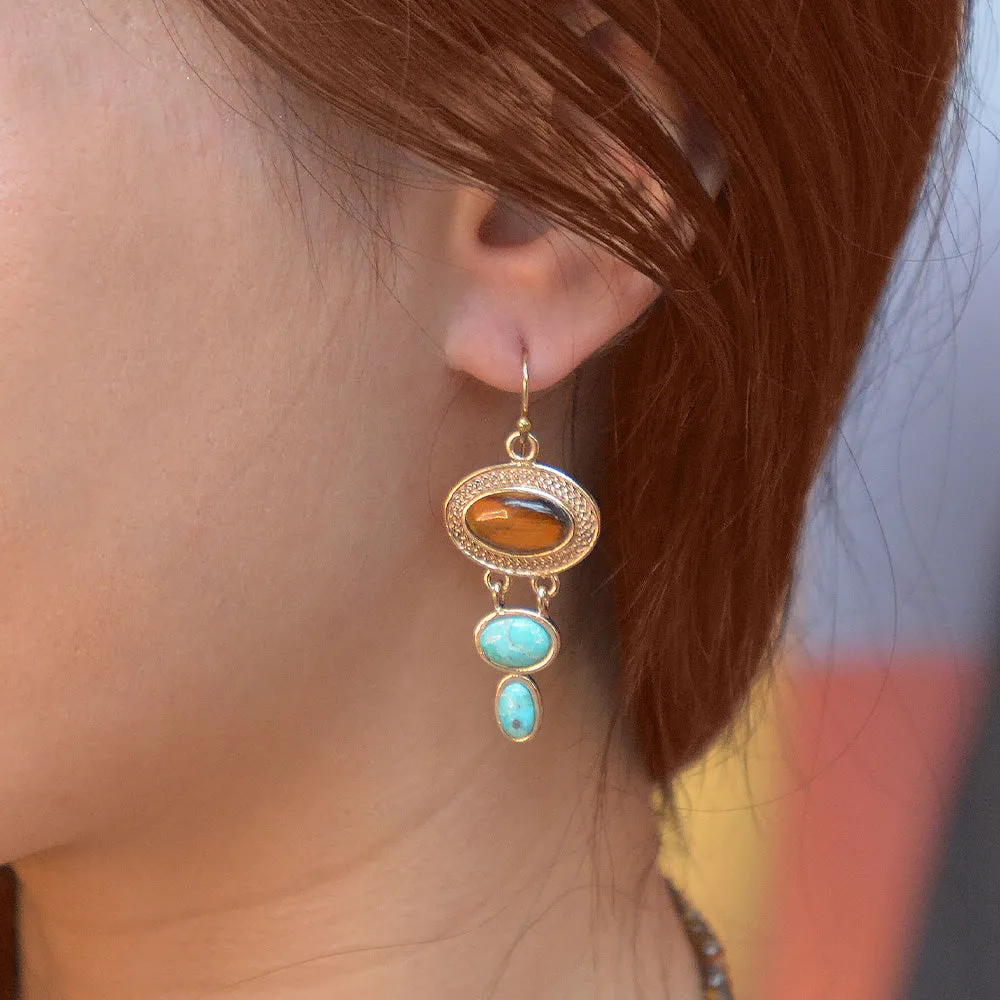 Brown Tiger's Eye and Blue Turquoise Ovation Golden Drop Earrings sold by Barse product image thumbnail 2