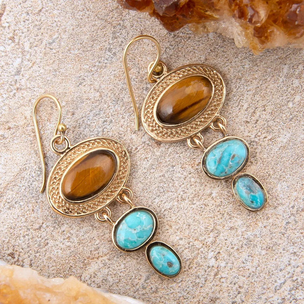 Brown Tiger's Eye and Blue Turquoise Ovation Golden Drop Earrings sold by Barse product image thumbnail 3