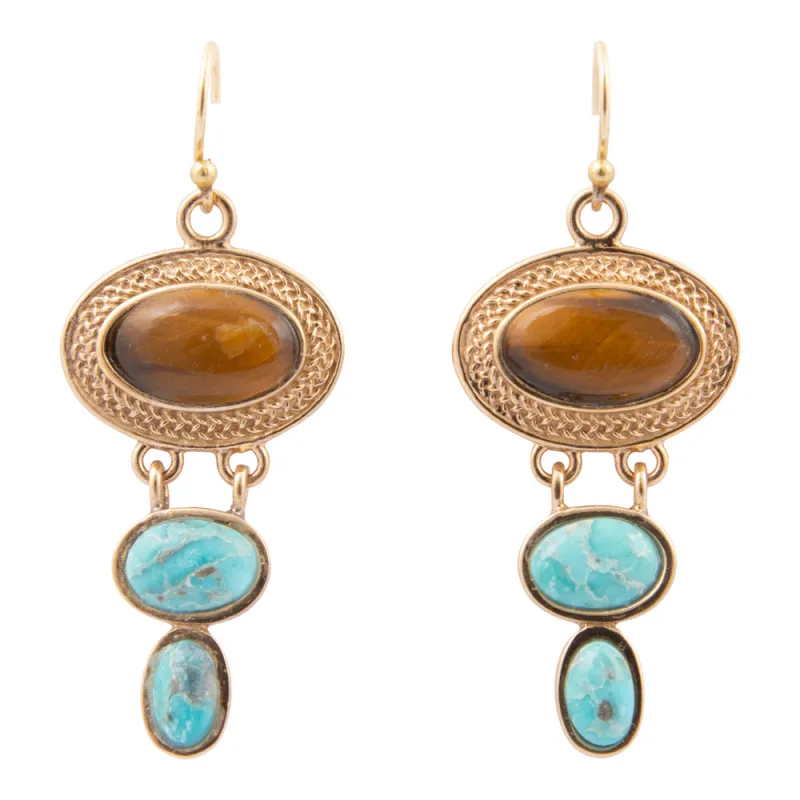 Brown Tiger's Eye and Blue Turquoise Ovation Golden Drop Earrings sold by Barse