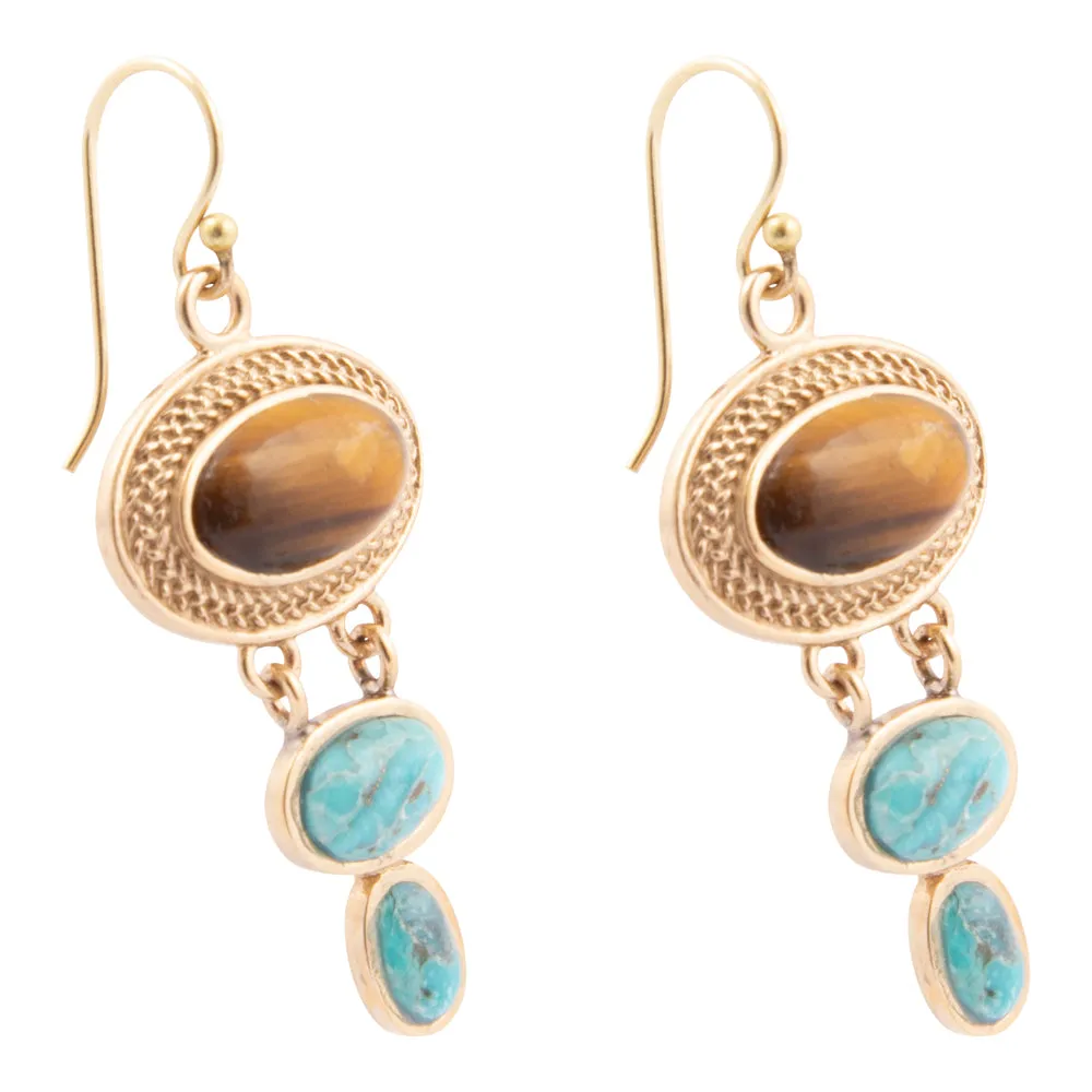 Brown Tiger's Eye and Blue Turquoise Ovation Golden Drop Earrings sold by Barse product image thumbnail 4
