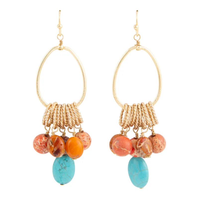 Canyon Blue Magnesite and Orange Jasper Golden Chandelier Earrings sold by Barse