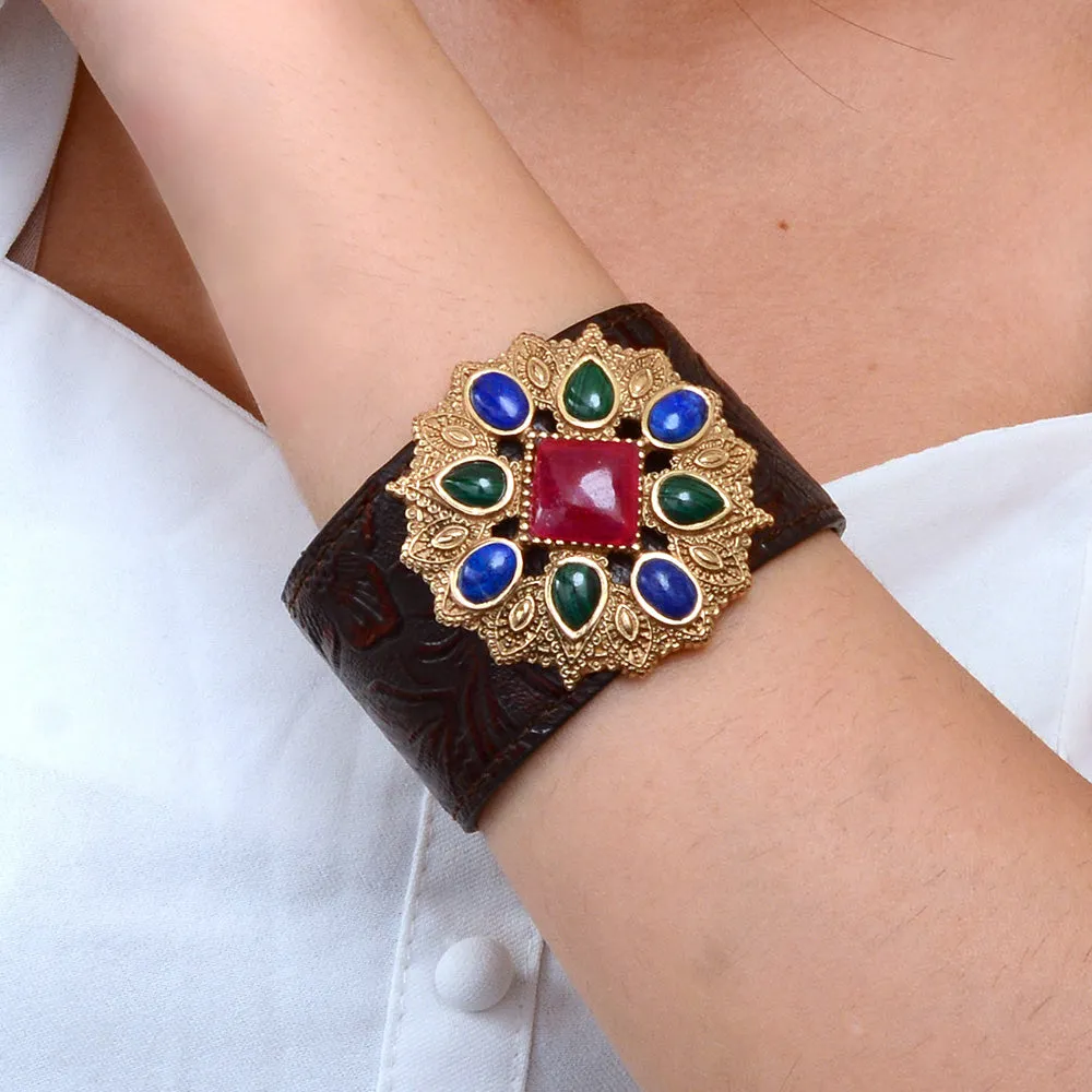Luscious Jeweled Red Quartz Golden Cuff Leather Bracelet sold by Barse product image thumbnail 2