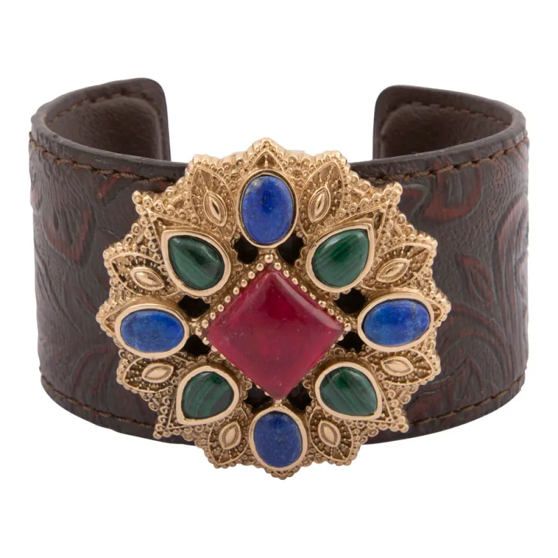 Luscious Jeweled Red Quartz Golden Cuff Leather Bracelet sold by Barse