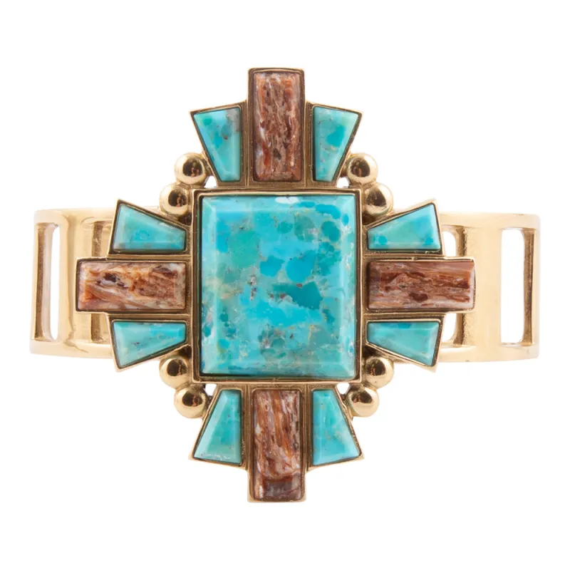 Santa Fe Blue Turquoise Golden Statement Cuff Bracelet sold by Barse