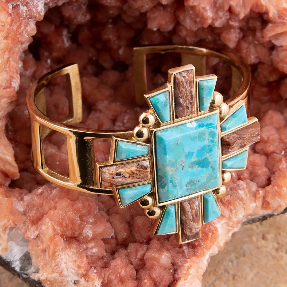 Santa Fe Blue Turquoise Golden Statement Cuff Bracelet sold by Barse product image thumbnail 3