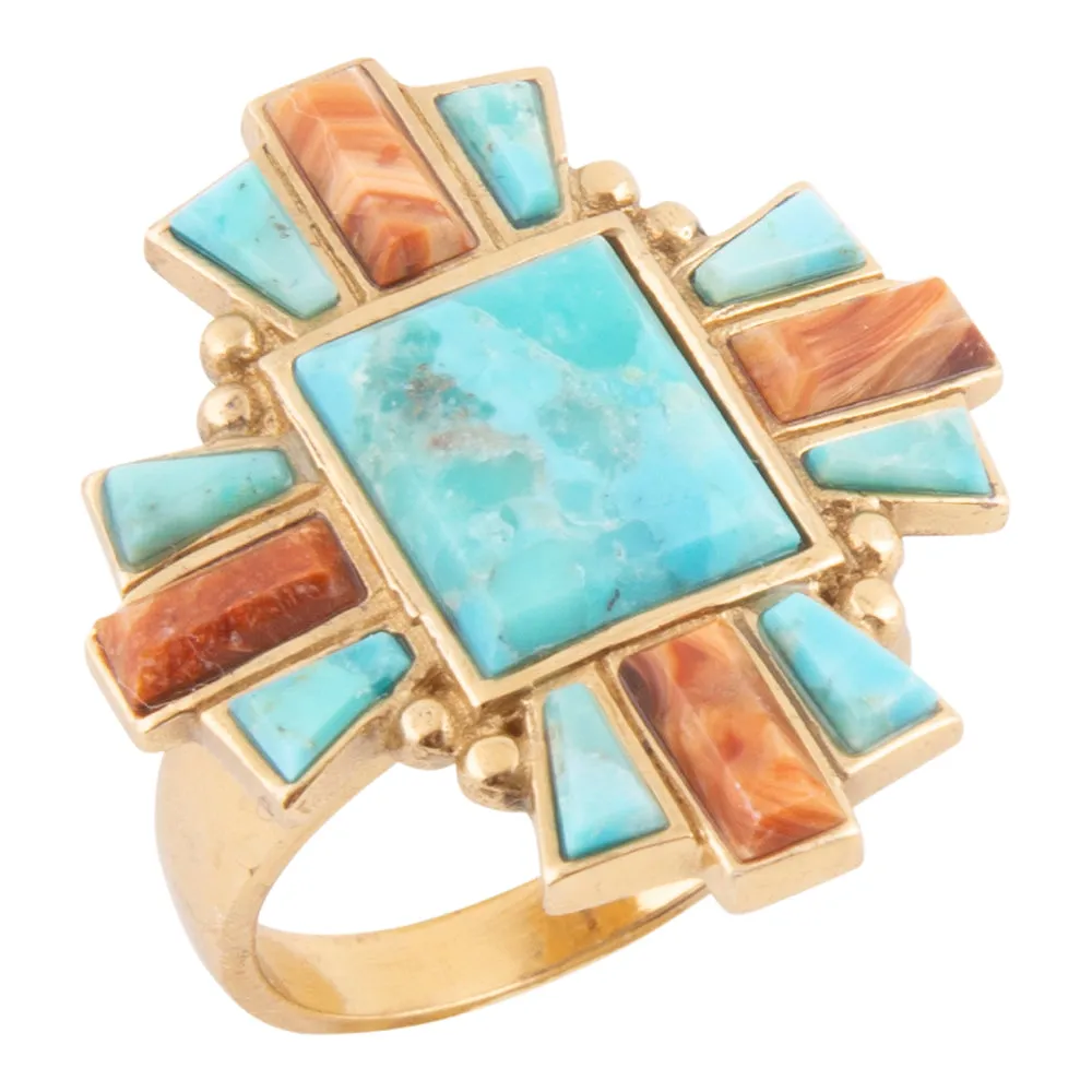 Santa Fe Blue Turquoise Golden Statement Ring sold by Barse