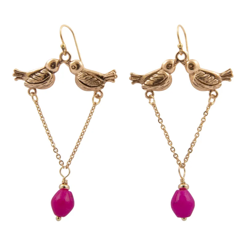 Kiss of Love Golden Bird Pink Quartz Drop Earrings sold by Barse