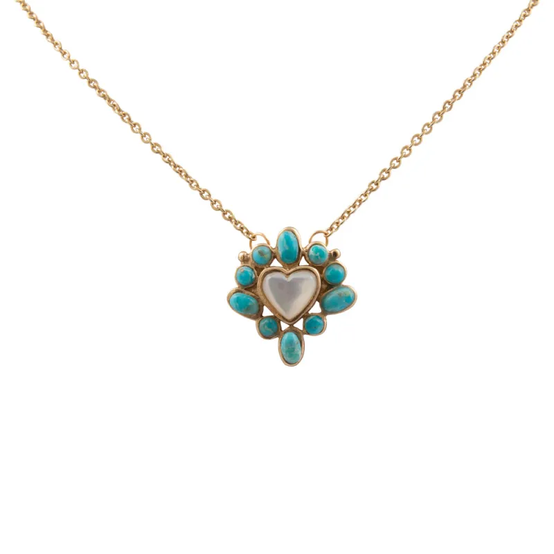 Hearts Surround Blue Turquoise and Mother of Pearl Golden Pendant Necklace sold by Barse