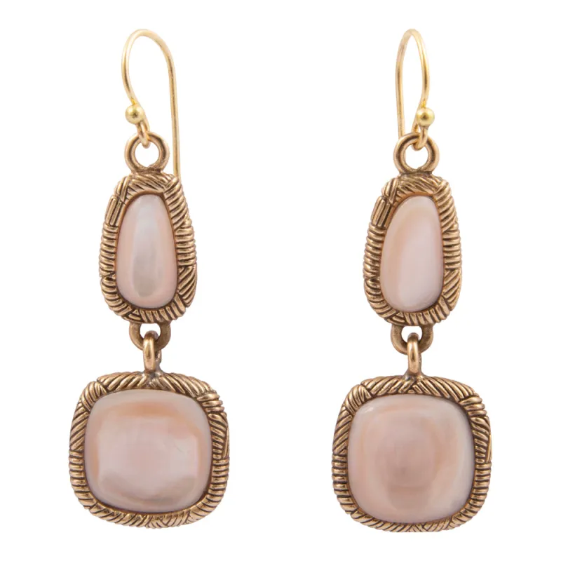 Pink Mother of Pearl Double Drop Golden Earrings sold by Barse