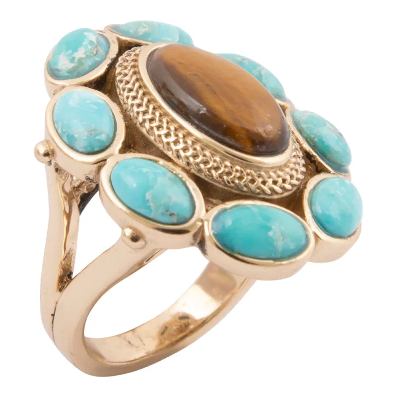 Brown Tiger's Eye and Blue Turquoise Golden Statement Ring sold by Barse