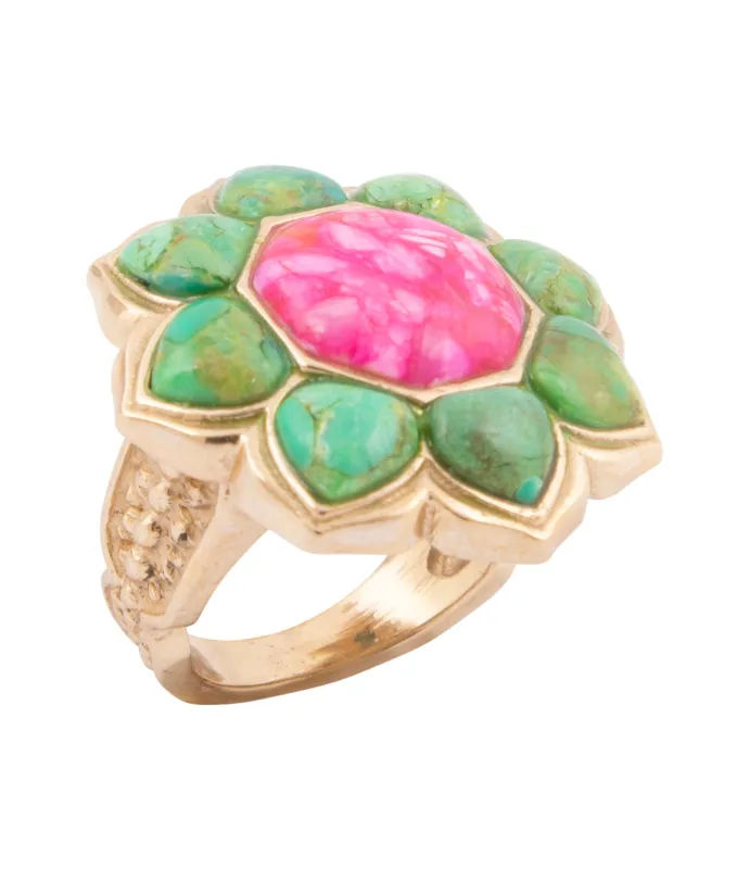 Fresh Fuchsia Pink Magnesite and Lime Green Turquoise Golden Statement Ring sold by Barse