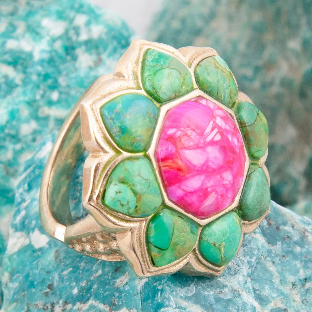 Fresh Fuchsia Pink Magnesite and Lime Green Turquoise Golden Statement Ring sold by Barse product image thumbnail 3