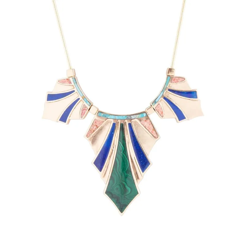 Art Deco Colorful Inlaid Golden Statement Necklace sold by Barse