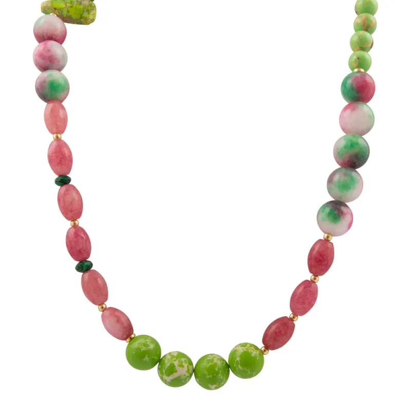 Watermelon Pink Quartz and Lime Green Jasper Long Golden Necklace sold by Barse