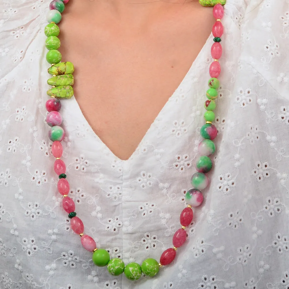 Watermelon Pink Quartz and Lime Green Jasper Long Golden Necklace sold by Barse product image thumbnail 2