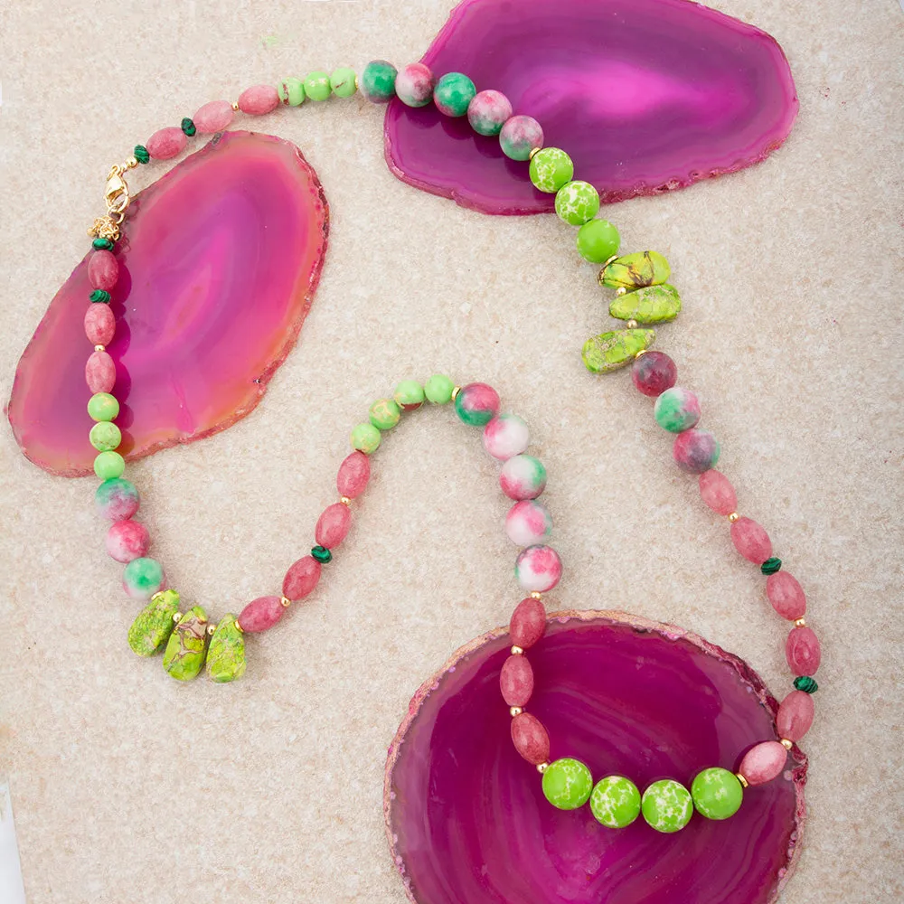 Watermelon Pink Quartz and Lime Green Jasper Long Golden Necklace sold by Barse product image thumbnail 3