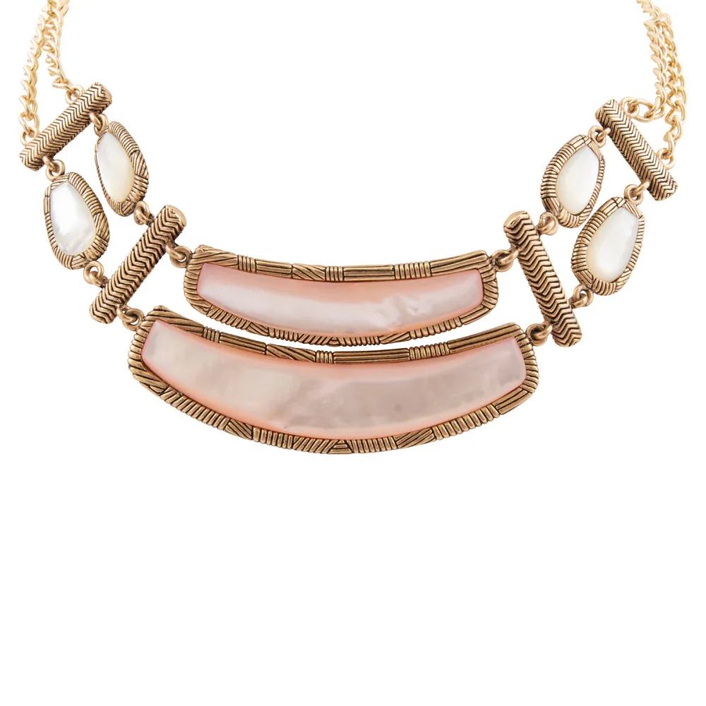 Pink Mother of Pearl Double Stack Golden Statement Necklace sold by Barse