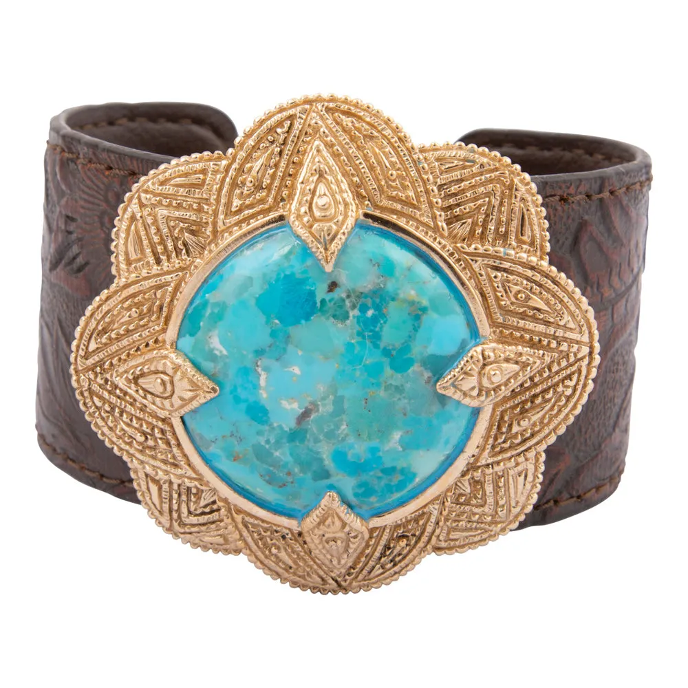 Rosette Brown Leather and Blue Turquoise Golden Statement Bracelet sold by Barse