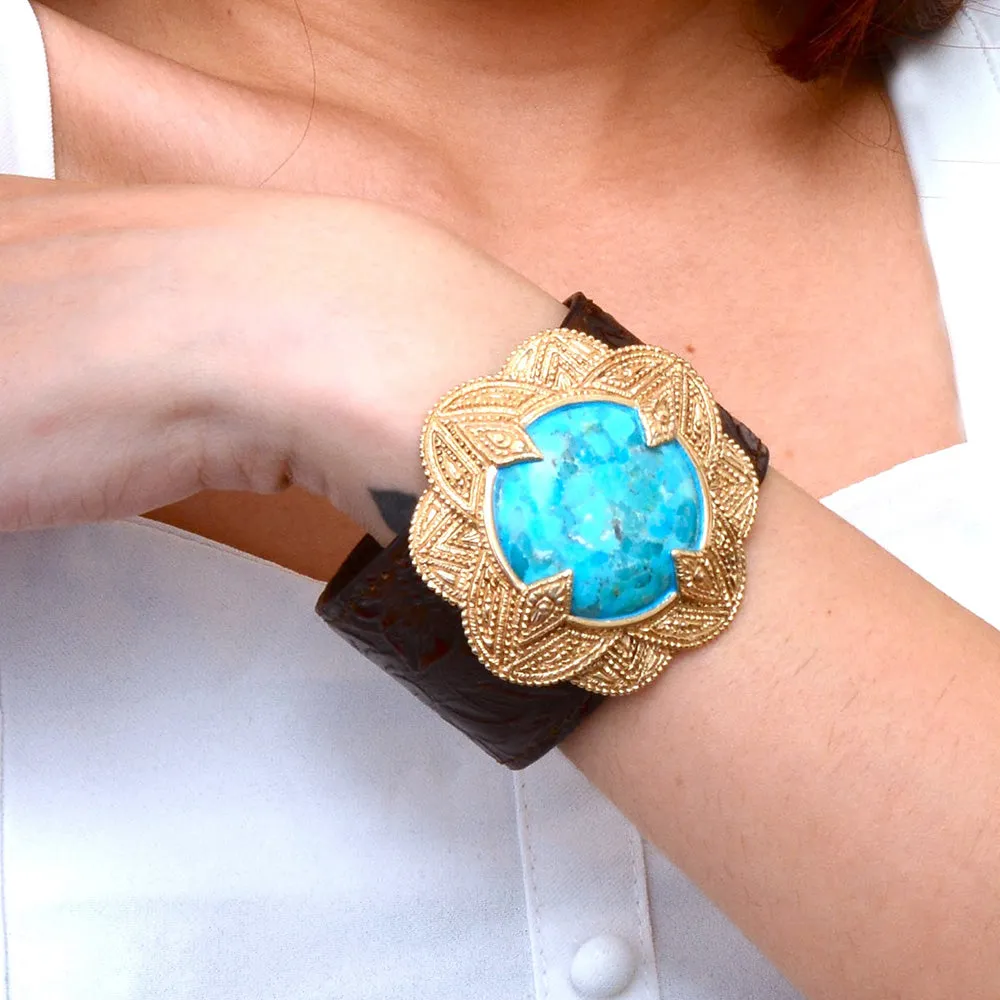 Rosette Brown Leather and Blue Turquoise Golden Statement Bracelet sold by Barse product image thumbnail 5
