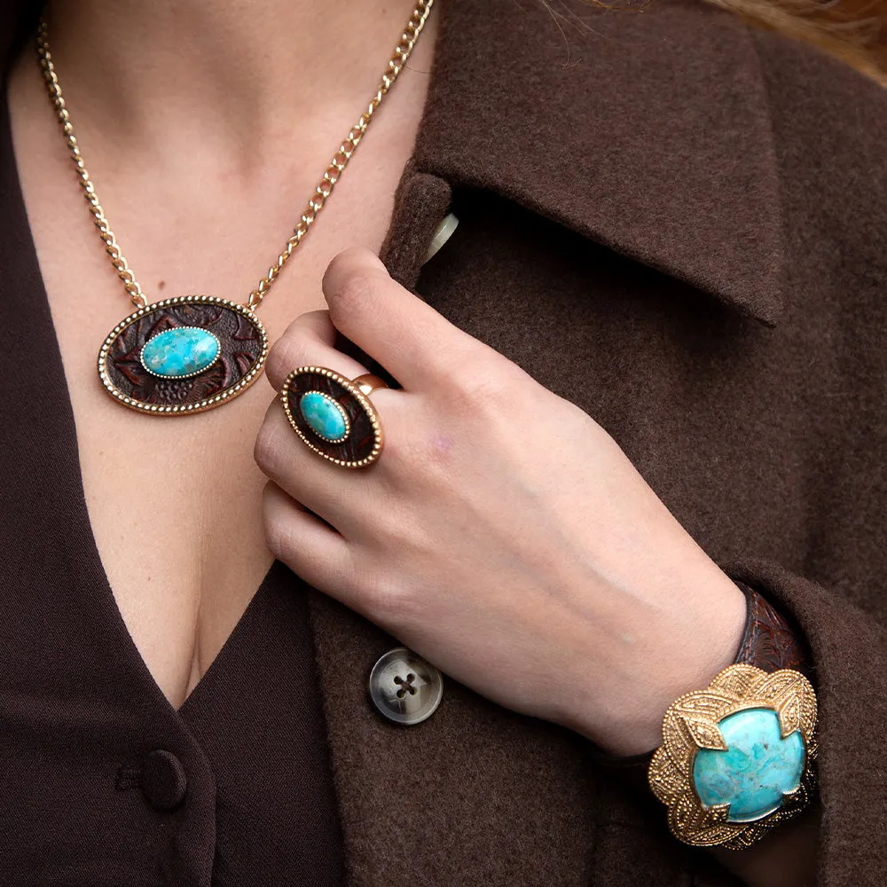 Rosette Brown Leather and Blue Turquoise Golden Statement Bracelet sold by Barse product image thumbnail 2