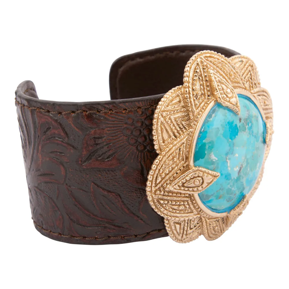 Rosette Brown Leather and Blue Turquoise Golden Statement Bracelet sold by Barse product image thumbnail 4