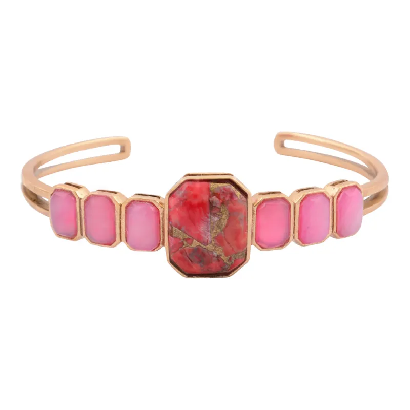 Dual Red Magnesite and Pink Quartz Golden Cuff Bracelet sold by Barse