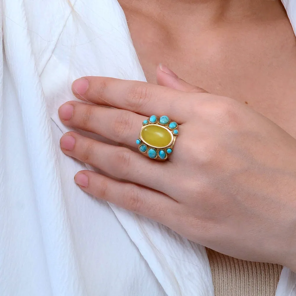 Sunny Yellow Quartz and Blue Turquoise Golden Statement Ring sold by Barse product image thumbnail 2