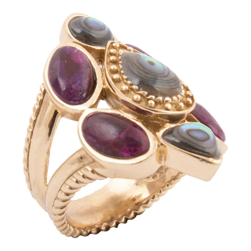 Purple Turquoise and Abalone Golden Statement Ring made by Barse