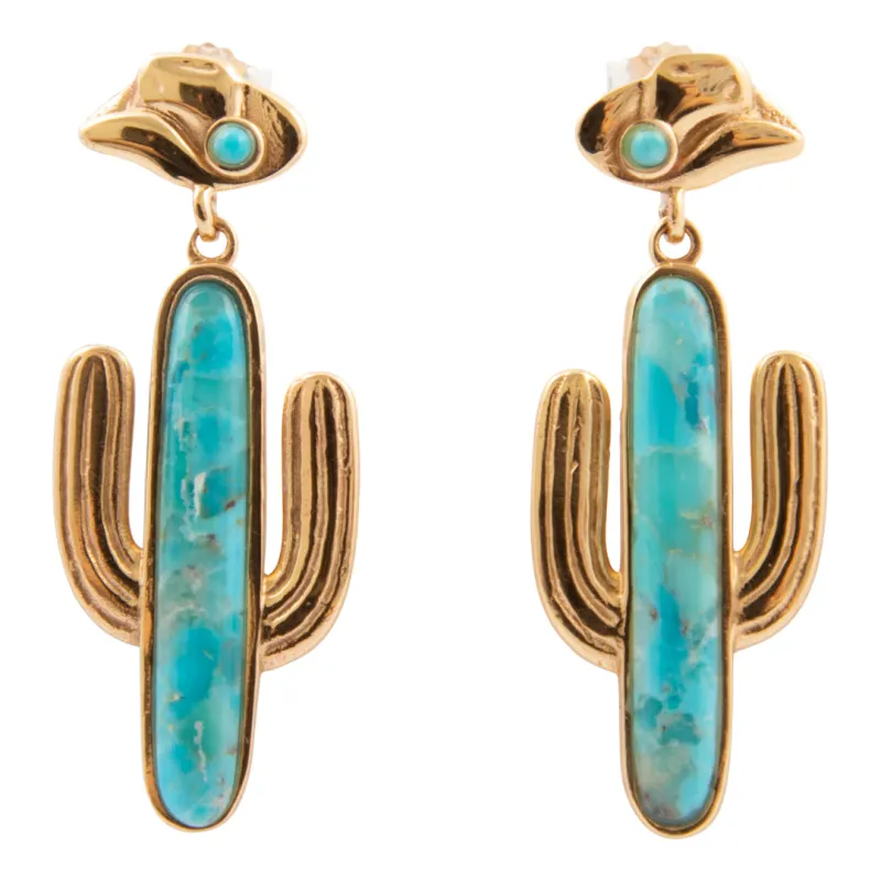Saguaro Cactus Blue Turquoise Golden Post Drop Earrings made by Barse