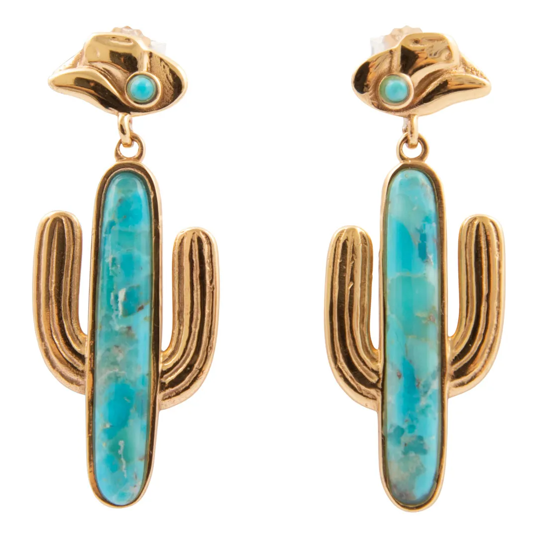 Saguaro Cactus Blue Turquoise Golden Post Drop Earrings sold by Barse